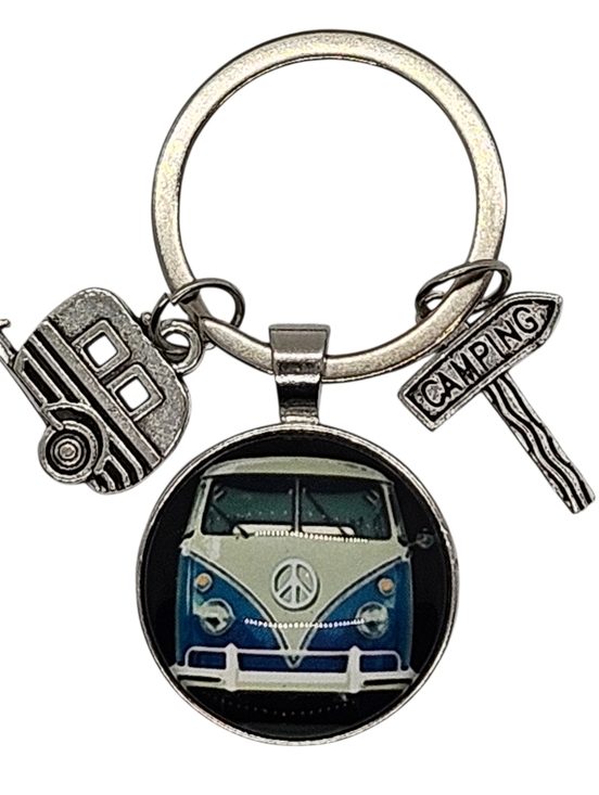 None Other - Keychain Retro Van Blue Volkswagen Bus Peace Sign